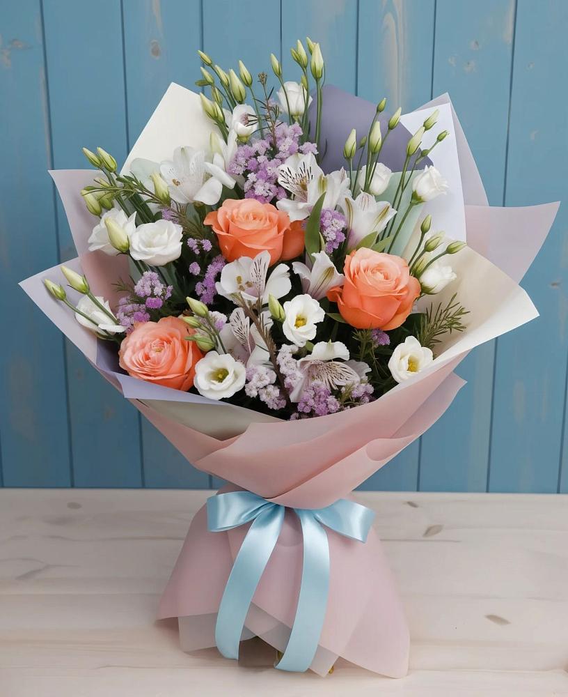 Букет цветов из: Лизиантусы, Розы, Альстромерии и Гипсофила в Дедилово